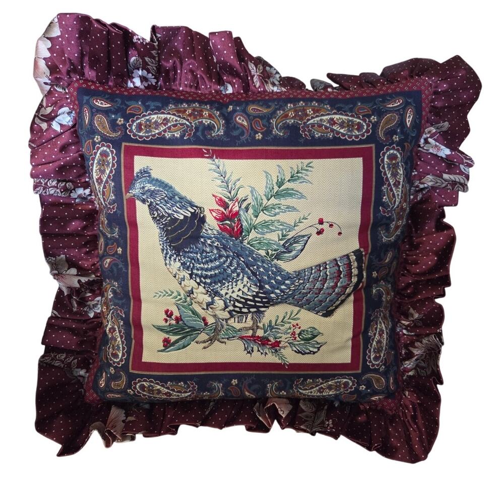Red Pheasant Bird Pillow 3D Quilted Double Sided Cottage Core Grandma Core